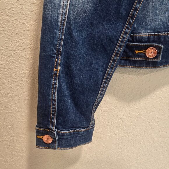 Denim Jacket Women's Size Large Cropped Stretch Long Sleeved Slit Pockets - Picture 8 of 16